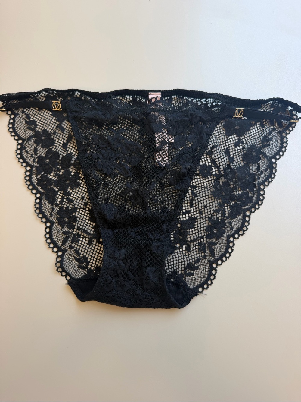 Victoria's Secret Black Lace Bikini Panty Size Medium NWT Logo Bling
